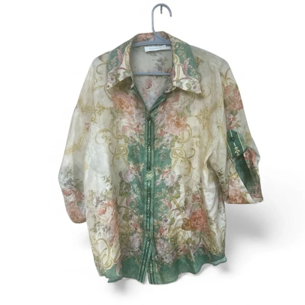 Zimmermann August Floral Silk Shirt Sleeve Shirt in Khaki Floral AU 3 - Picture 3 of 9